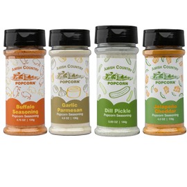 Amish Country Popcorn | 4 Pack Seasoning Bundle | Buffalo, Garlic Parmesan, Jalepeno Cheddar, Dill Pickle | Old Fashioned, Non-GMO