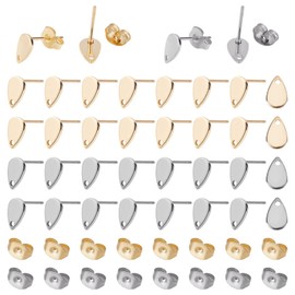 UNICRAFTALE 40 Sets 2 Colors Stainless Steel Teardrop Earring Studs with Loops Flat Round Stud Earring Findings with Ear Nuts Earring Findings for Jewelry Making