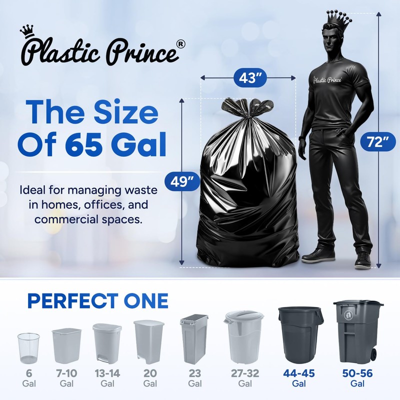 Plastic Prince 64-65 Gallon Trash Bags Heavy Duty with Flap