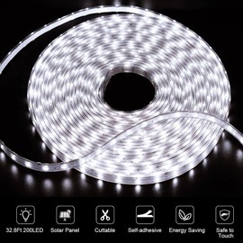 echosari 32.8Ft Solar Strip Lights Outdoor, IP68 Fully Waterproof LED Strip Lights with Timer Remote Auto ON/Off, Self-Adhesive Lights Strip for Camping Pool Deck Patio Decor (Cool White)
