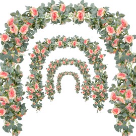 Bacucine Flower Garland Rose Vine 4Pcs 28FT Artificial Floral Garland with Green Leaves Hanging Rose Vine for Wedding Party Garden Home Wall Decor (Pink)