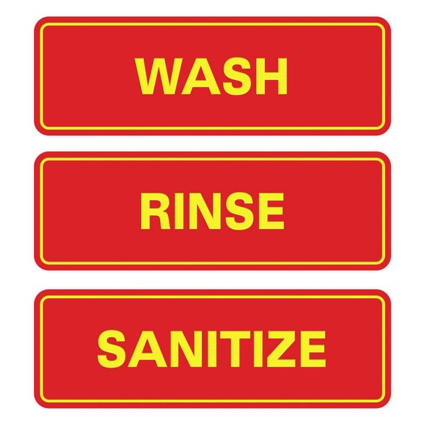 Letrero de limpieza estándar Wash Rinse (3 unidades) – rojo/amarillo (grande)