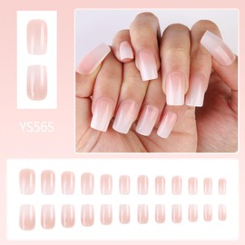 Tyuimhx White Gradient Press on Nails Medium Square Fake Nails White Ombre False Nails Glossy Full Cover Stick on Nails Acrylic Reusable Artificial Nails for Women Glue on Nails 24 Pcs