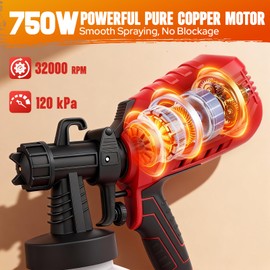 Electric Paint Sprayer HVLP 750W Paint Gun, 40.58 Oz Detachable Container, 4 Nozzles 3 Spray Patterns & Adjustable Flow Control, for House Painting Furniture Cabinet Fence Wall Door