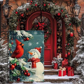Winter Snowman Snowflake Christmas Garden Flag for Outside, Cardinal Red Bird Welcome Yard Flag 12x18 Inch Double Sided Burlap Holiday Farmhouse Outdoor Flag Home Decoration