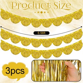 VitalCozy 3 Pcs Foil Fringe Garland Tinsel 6.56 ft Scalloped Fringe Banner Streamers for Wedding Bachelorette, Birthday Party Decorations Photo Booth Backdrop(Gold)