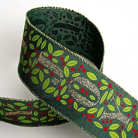 Italian Options 63mm Wide Christmas Ribbon - Green Linen Gold Glitter Joy (10 Mtr/Wired Edge)