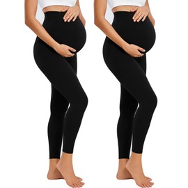 Ridshy 2 Pack Maternity Leggings Over The Belly Womens Pregancy Yoga Pants High Waisted Workout Leggings Activewear Maternity Clothes Black/Black S