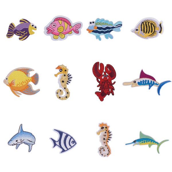 nbeads Sea Creatures Iron-On Fish Shark Lobster Seahorse Rayon Embroidery Patches Appliques Decorative Repair Patches For Jeans T-Shirt Hat Jacket Bag Clothing Accessories Pack of 24