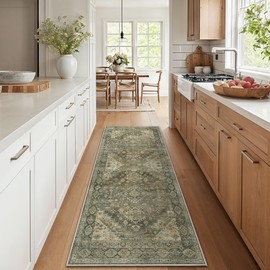 Washable Runner Rugs 2X5 for Hallway, Thin Indoor Chenille Low Pile Rug Non Slip, Vintage Boho Lightweight Carpet for Laundry Room Dining Room Kitchen Entryway Floor, Green Khaki