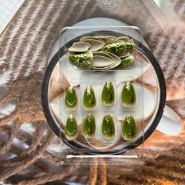 Green Press on Nails Medium Almond Fake Nails Gold Star False Nails with Gold Sun Designs Nail Glitter Glue on Nails Nude Stick on Nails Full Cover Cute Acrylic Nails Glossy Artificial Nails