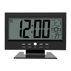 Digital Travel Alarm, Large LCD Display Digital Sound Sensor Table Desk Alarm Clock with Smart Nightlight and Snooze Time/Date/Temperature Display(Black)