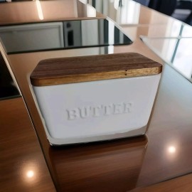 Better Homes & Gardens Porcelain Embossed White Butter Dish Acacia Wood Lid 5.5"