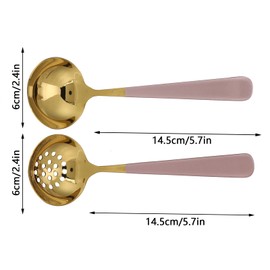 CHEOTIME 2 Pieces Stainless Steel Cooking Strainer, Skimmer Ladle, Ladle and Slotted Spoon with 5.7" Long Handle for Home Kitchen Cooking Baking (Pink Gold)