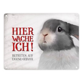 Metal Sign with Rabbit Motif and Saying "Betreten auf eigene Gefahr - Hier wache ich!"