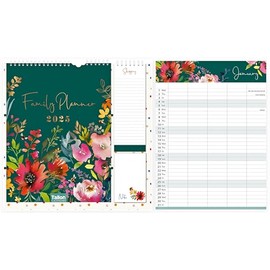 2025 Family Calendar Planner – 5 Column Month to View Home Organiser – with Shopping List & Notepad (Flowers)