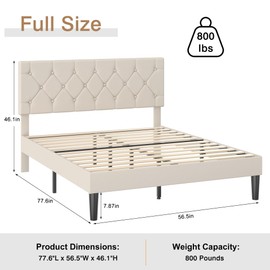 VECELO Full Bed Frame with Button Tufted Headboard, Upholstered Platform with Wooden Slat Support, No Box Spring Needed, Beige