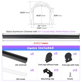Muzata 6Pack 3.3FT/1M Excellent Spotless LED Channel System with Milky White Cover Black Aluminum U Shape LED Strip Diffuser Channel U108 BW 1M