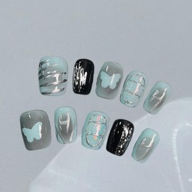 BQZQPAMZ 10Pcs Blue Black Press On Nails Short Square With Silver Embossed Line Design Fake Nails, Bow Full Coverage Acrylic Nails for Women DIY Spring Manicure Supplies