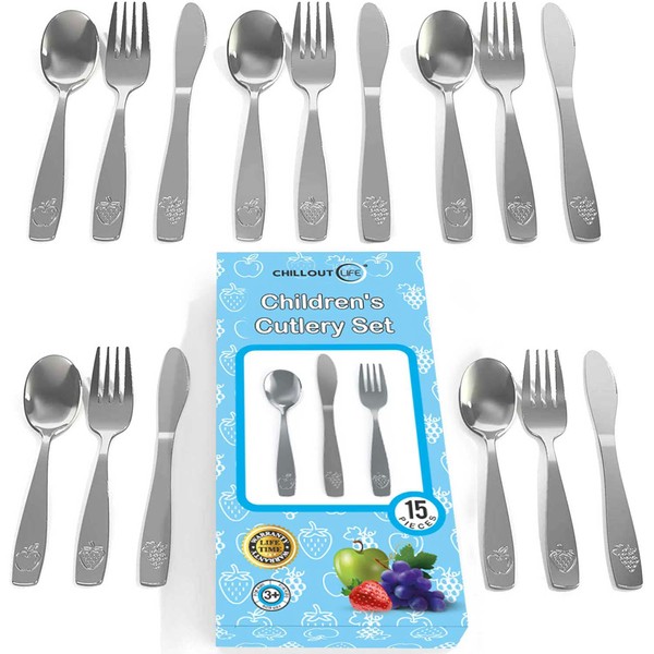 15 Piece Stainless Steel Kids Silverware Set - Child and Toddler Safe Flatware - Kids Utensil Set - Metal Kids Cutlery Set Includes 5 Small Kids Spoons, 5 Forks & 5 Knives