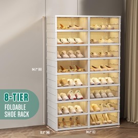 Beeveer Foldable Shoes Rack Organizer Clear Plastic Shoes Rack for Closet Shelf Collapsible Large Shoes Storage Box Stackable Easy Assembly Shoe Cabinet with Lids and Door(8-tier for 32 Pairs)