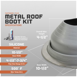 Fasteners Plus #5 Round Silicone Metal Roof Pipe Flashing Boot with Complete Install Kit (Made in USA), Fits 4-1/4” - 7-1/2” Pipe OD, Gray
