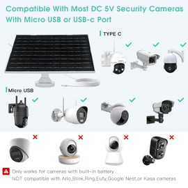 Solar Panel for Security Camera,5V10W USB Solar Panel with USB-C Port &Micro USB,IP65 Waterproof Camera Solar Panel with 360°Adjustable Mounting,Long Charging Cable (2)