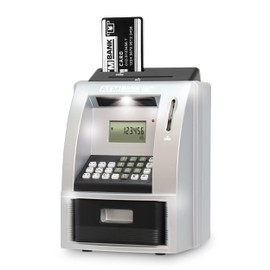 YSN ATM Bank, Silver x Black | BANK Balance, Automatic Calculation, Time Display, Alarm, Calculator, Set Target Amount, Equipped with Sound, Coins, Automatic Identification, Password Card, Double