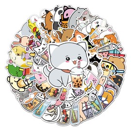 Pack of 50 Animal Milk Tea Stickers Car Laptop Phone Guitar Skateboard Motorcycle Bicycle Animals Stickers Set Vinyl Waterproof Aesthetic Stickers for Teenagers Children Adults