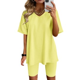 AGSEEM - Conjunto de dos piezas para mujer, cuello en V, playera de verano, pantalones cortos de motociclista, pantalones cortos de entrenamiento deportivo, Lemon Yellow, XXL