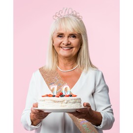 TOPWAYS 70th Birthday Sash and Tiara Set, Rose Gold 70 Glitter Crown Headband & Fabulous Sash Party Supplies 70th Birthday Gifts for Women Girls Her 70th Birthday Decorations (70 Fabulous, Rose Gold)