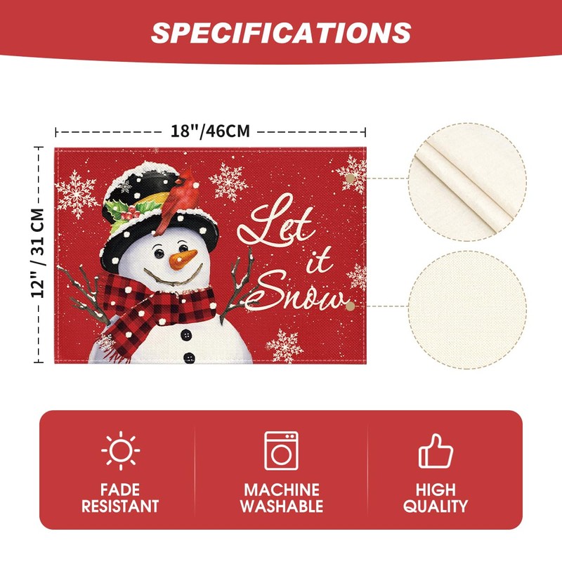 Artoid Mode Red Snowman Let It Snow Winter Placemats Set