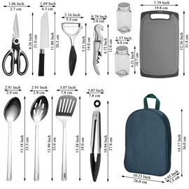 Evanda Camping Kitchen Cooking Utensil Set 10 Piece, Stainless Steel Outdoor Cooking and Grilling Utensil Organizer Travel Set Perfect for Travel, Camping, RVs, BBQs, Picnics, Parties and More