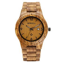 BEWELL ZS-W086B Men Wooden Watch Waterproof Quartz Movement Date Display Analog Wristwatches