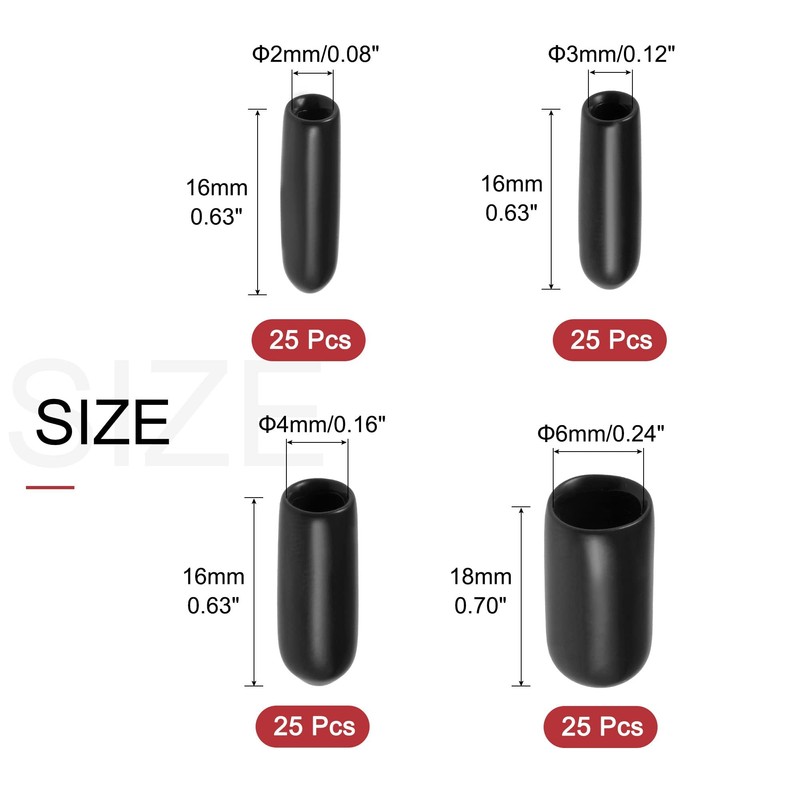 TA-VIGOR 100Pcs Rubber End Caps, 2mm 3mm 4mm 6mm ID