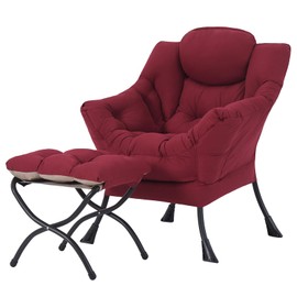 Tiita Lazy Chair with Ottoman, Modern Large Accent Lounge Armchair, Comfy Leisure Sofa Reading Chair with Footrest for Bedroom, Living Room, Dorm Rooms, Garden and Courtyard, Wine red