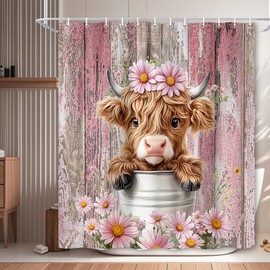 MDUKOIN Funny Highland Cow Shower Curtain, Pink Cute Rustic Western Floral Plant Daisy Wooden Farmhouse Bath Curtain, Country Animal Fabric Waterproof Shower Curtain Set for Bathtub Decor, 72X72IN