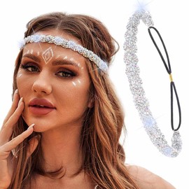 Elastic Head Chain Shiny Rhinestone Headband Women's Hair Band Vintage Metal Hair Band Elegant Head Chain for Women (Silver AB, 45.5 cm)