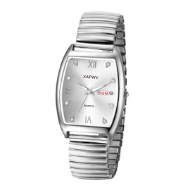 JewelryWe Herrenuhr Tonneau Elastische Uhr: Datum Woche Kalender Analog Quarz Armbanduhr Herren Silber Edelstahl Stretch Armband Rechteckige Uhren mit Zugarmband & Römischen Ziffern Diamantskala