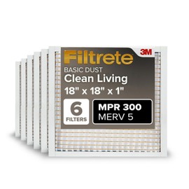 Filtrete 18x18x1 Air Filter, MPR 300, MERV 5, Clean Living Basic Dust 3-Month Pleated 1-Inch Air Filters, 6 Filters, White