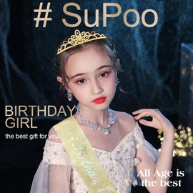 SuPoo Birthday Princess Crown and Sash Birthday Girl Tiara Headband Tiaras for Girls Flower Crystal Birthday Crown for Girls Birthday Decorations Outfit Accessories Birthday Gifts for Her Gold