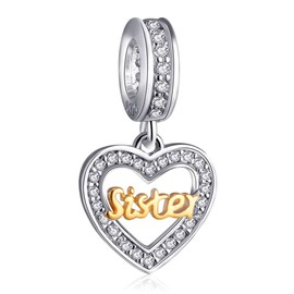 EMOSTAR Dangle Sister Charms fits Women Bracelet, 925 Sterling Silver Heart Pendant Pave Sparking CZ Birthstone 18K Gold Sis Beads, Gift for Daddy's Girl/Goddaughter/Daughter