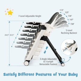 BABY JOY High Chair, Foldable High Chair for Babies and Toddlers with 7 Heights, 5 Recline Positions, Adjustable Footrest, Removable Double Tray & Cushion, Portable High Chair with Wheels (Dark Gray)