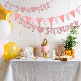 Pink Baby Shower Banner, Baby Shower Decorations Girl, It's A Girl Banner Pennant Pink Bunting Mummy to be Sash, for Gender Reveal Decoration Party Garland Photo Props