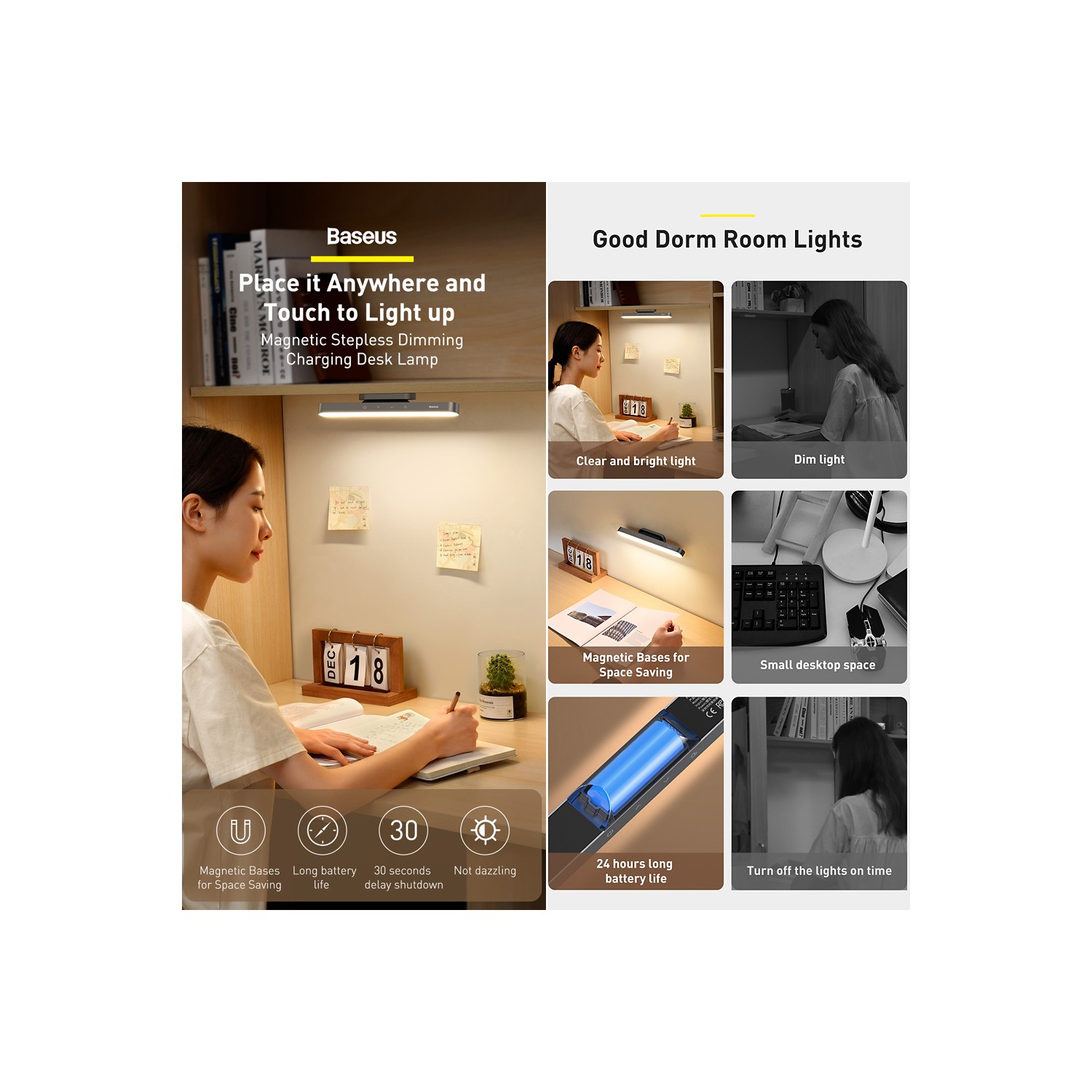 Baseus Wall Reading Light Stick Wireless Stepless Dimmable Touch ...