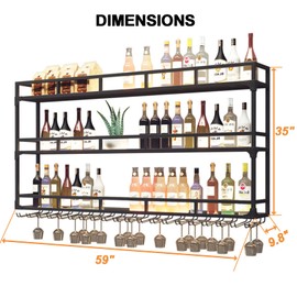 Large Heavy Duty 59in Wine Rack with LED Wall Mounted Bottle Glass Holder Under Shelf, 3-Tiers Liquor Floating Shelves Display Storage Organizer Hanging Long Stemware Goblet Metal for Home Bar