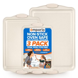 Emporio Kitchen Baking Pan Set - Nonstick Coating, Carbon Steel Bakeware Set with White Silicone Handle, PFOA, PFOS, PTFE Free, Recipe Booklet Included, Oven Safe Tray (Up To 450° F), Set of 3 - White