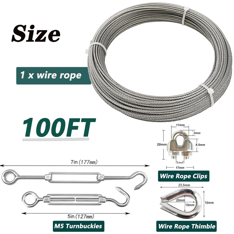 1/8 Inch Stainless Steel Wire Rope Cable Kit,100 ft Length
