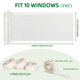 FLYZZZ Window Insulation Kit - 62x393in Window Insulation Kit for Winter with Widen Double-Sided Tape, Thickened Plastic Window Covering for Winter Can Insulates 10 Windows