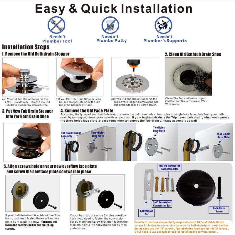 Artiwell Bronze Universal Tub Drain Tip Toe Tub Conversion Kit